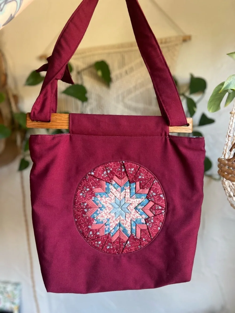Vintage Handmade Quilted Tote Bag Cottagecore Boho Patchwork Wood Handle